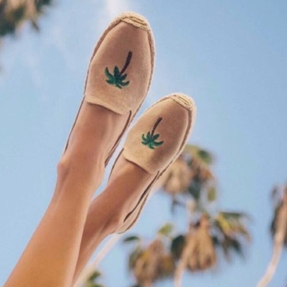Soludos Tan Espadrilles with Palm Tree Embroidery